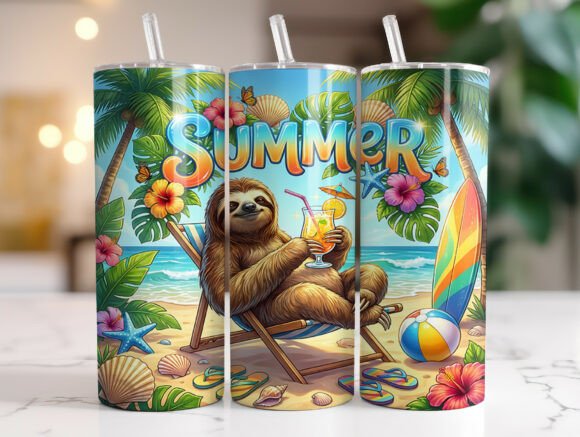 Tropical Summer Sloth Beach Tumbler Wrap